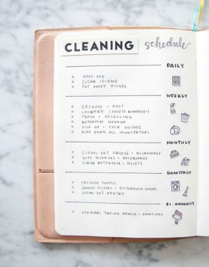 A cleaning schedule is a great bullet journal page idea.